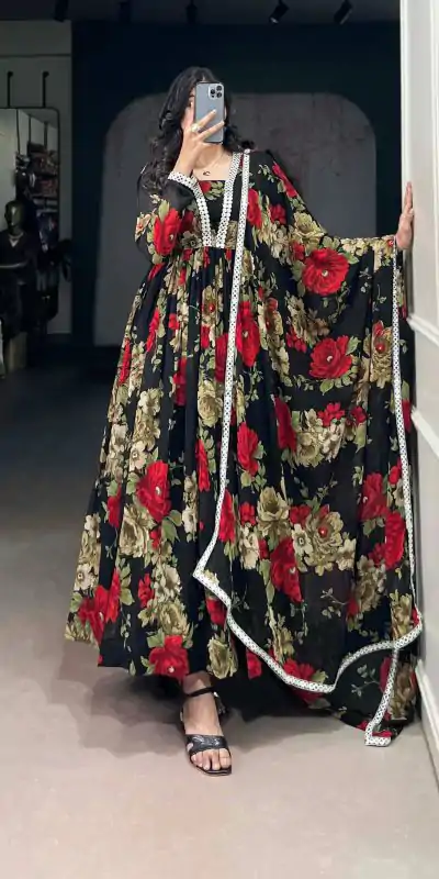 Beautiful Red Color Georgette Floral Printed Paper Mirror Lace Gown
