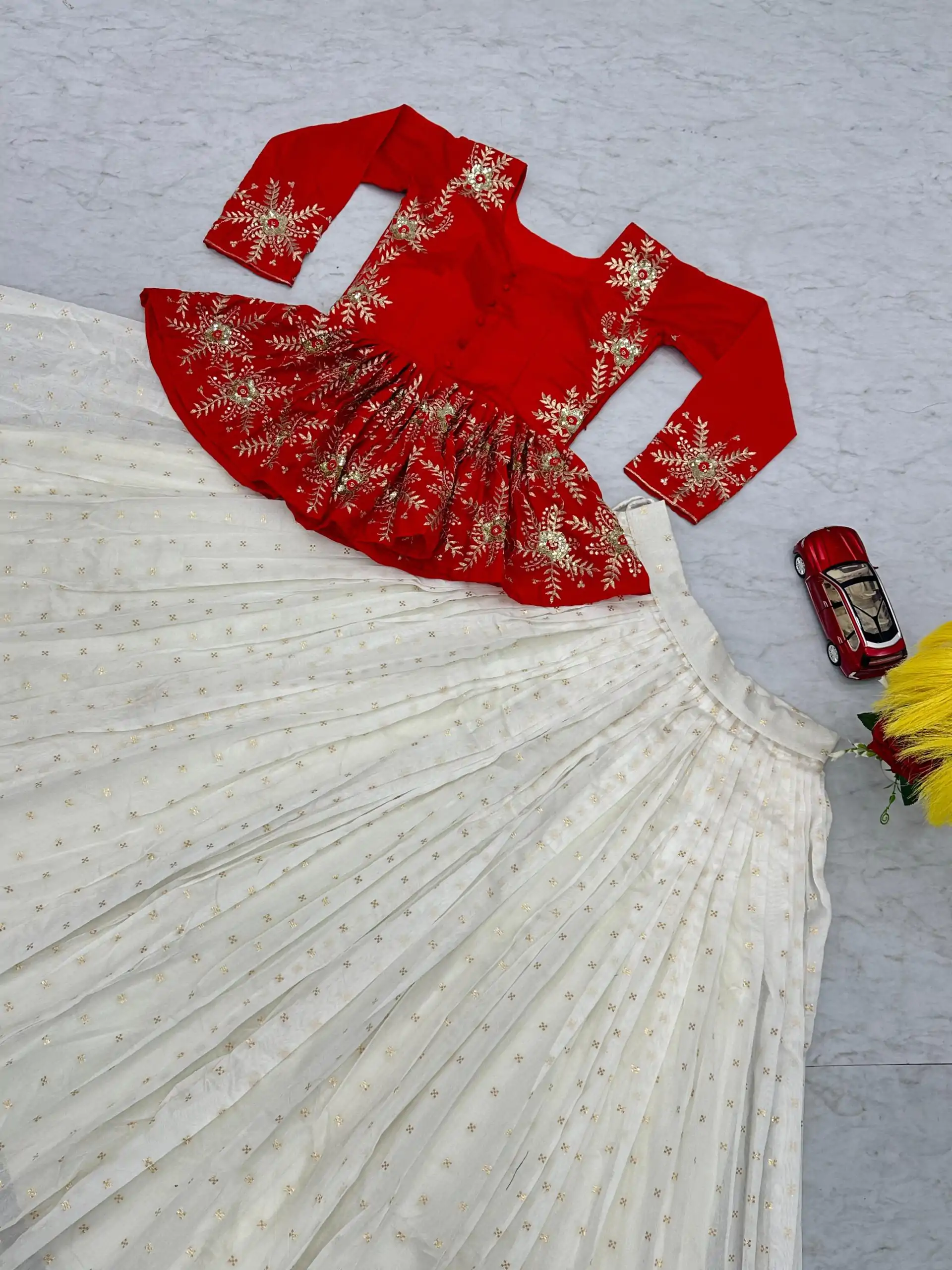White And Red Chinon Thread Sequence Lehenga Choli - Image 3