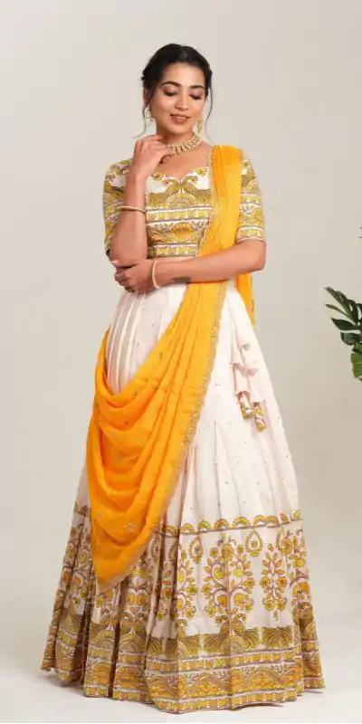 Beautiful Yellow Color Cotton Kalamkari Print Lehenga Choli