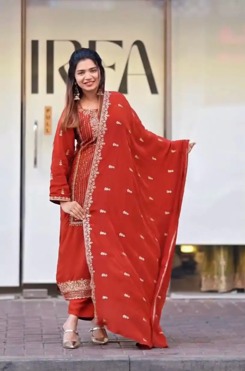 VLM 268 Red Color Georgette With Embroidery Work Salwar Suit Casual, Wedding, Festive, Events . Expected Delivery  4-6 Working Days @2099/- only      | Jump Suits, Salwar suit, Casual Suits, Creative suits, Designer Suits, Palazzo Suits, Party Wear Suits, Patiala Suits, Straight Suits