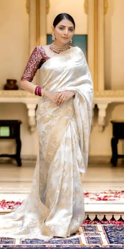 MB 494 White Color Soft Litchi Silk All Over Weaving Saree Casual, Wedding, Festive, Events . Expected Delivery  4-6 Working Days @1199/- only                                                                                                                                             | Sarees, Bollywood Sarees, Creative Sarees, Designer Sarees, Embroidered Sarees, Ethnic Saree, Modern Digital sarees, Party Wear Sarees
