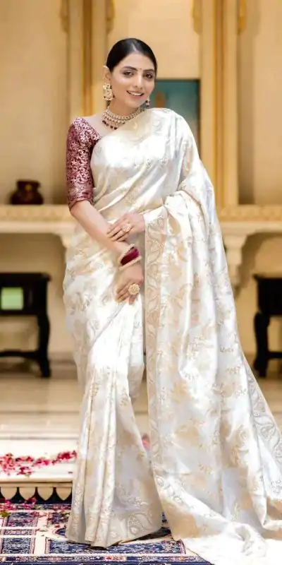 MB 494 White Color Soft Litchi Silk All Over Weaving Saree Casual, Wedding, Festive, Events . Expected Delivery  4-6 Working Days @1199/- only                                                                                                                                             | Sarees, Bollywood Sarees, Creative Sarees, Designer Sarees, Embroidered Sarees, Ethnic Saree, Modern Digital sarees, Party Wear Sarees