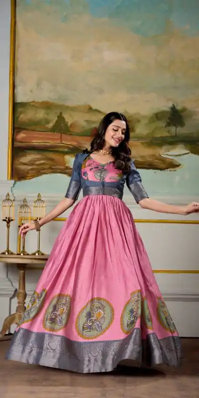 Classic Pink Color Dola Silk Kalamkari Print Zari Weaving Broder Gown