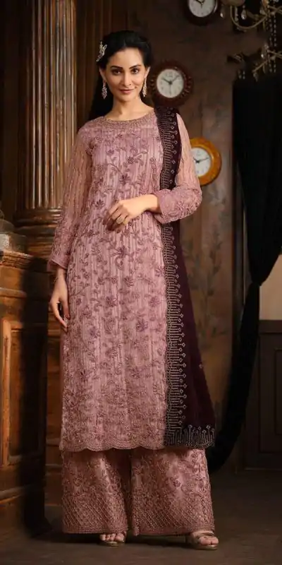 Classic Pink Color Net With Coding Sequence Work Salwar Suit
