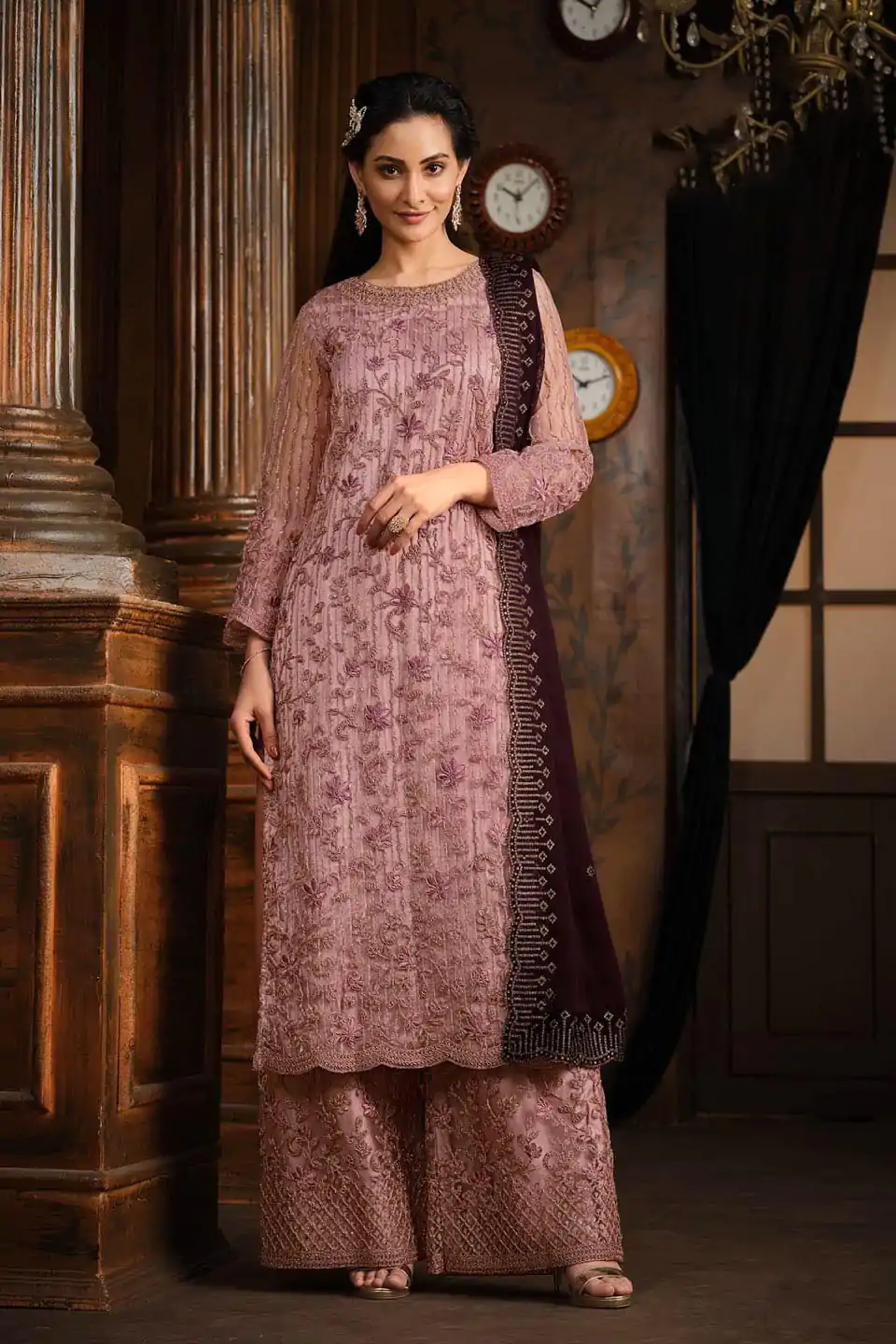 Classic Pink Color Net With Coding Sequence Work Salwar Suit