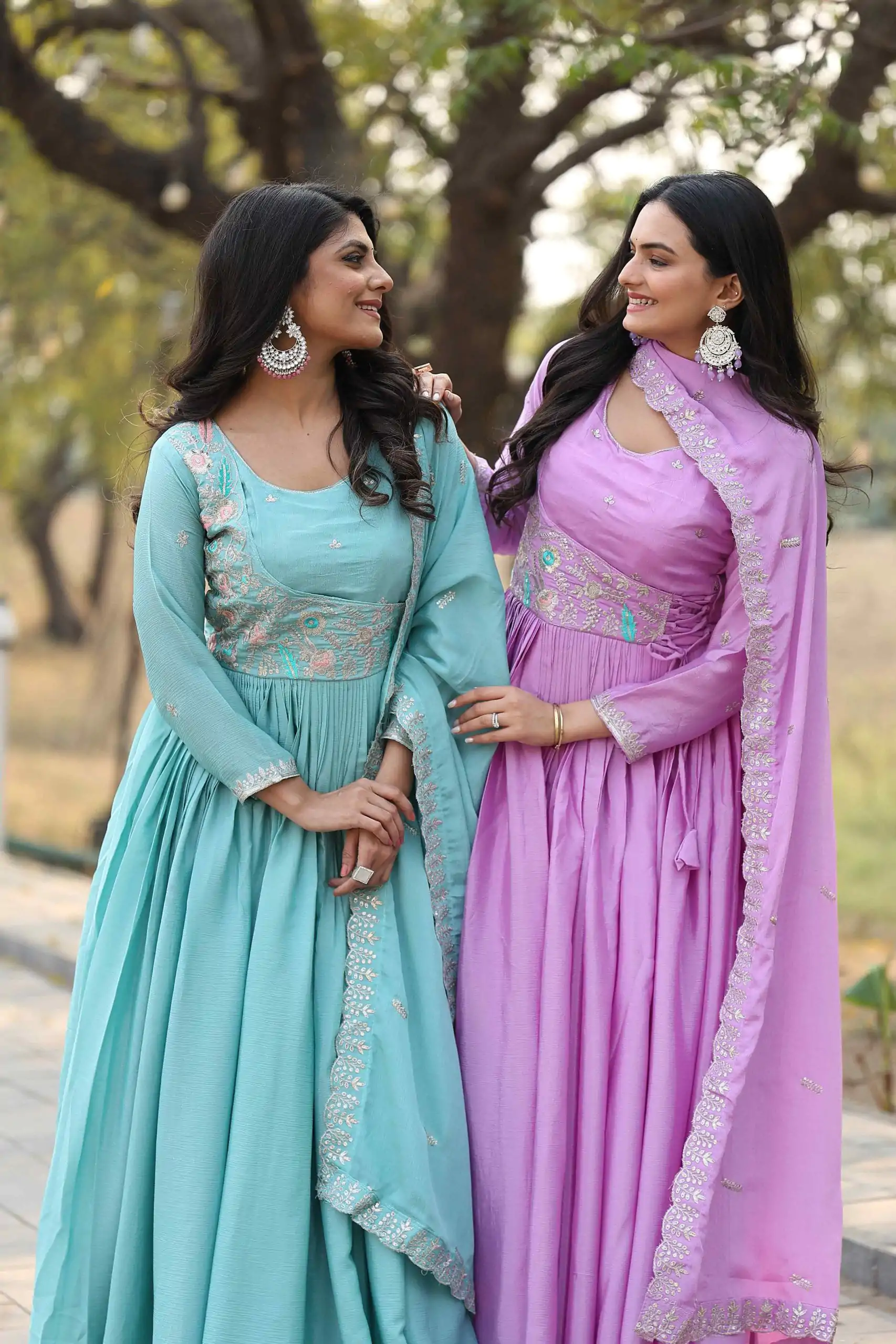 Purple Chinon Sequence With Thread Work Gown - Image 3