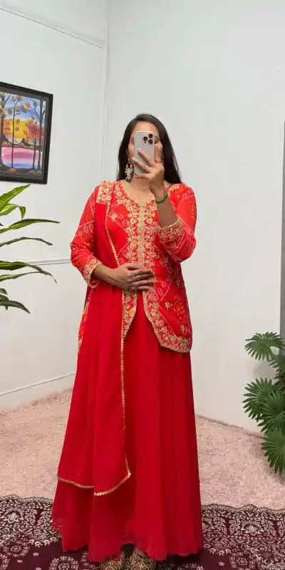 Classic Red Color Printed Faux Georgette Embroidery Work Salwar Suit
