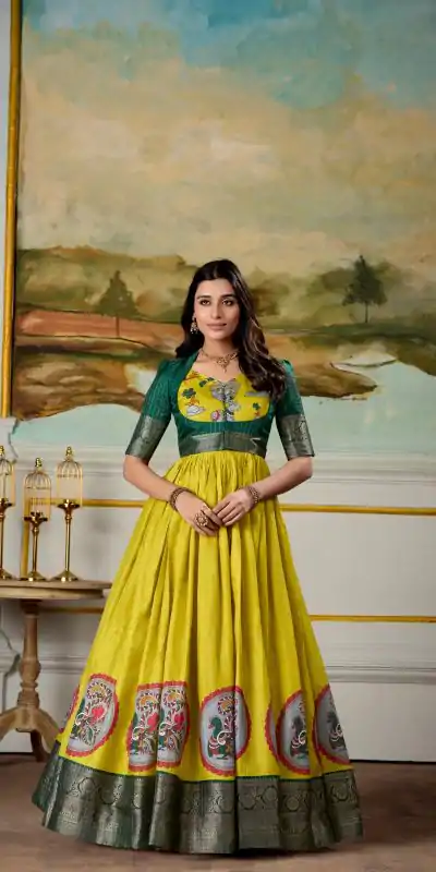 Classic Yellow Color Dola Silk Kalamkari Print Zari Weaving Broder Gown