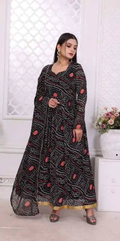 Cool Black Color Georgette Print With Lace Work Gown