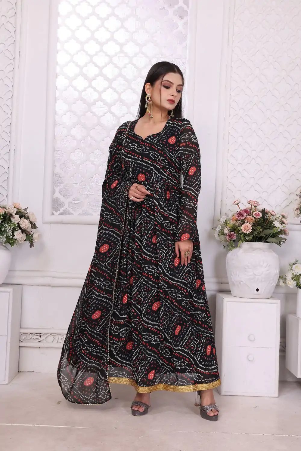 INLI Banno Swag Black Color Georgette Print With Lace Work Gown Casual, Wedding, Festive, Events . Expected Delivery  4-6 Working Days @1699/- only      | Gowns, Bollywood Gowns, Creative Gowns, Designer Gowns, Embroidered Gowns, Party Wear Gowns