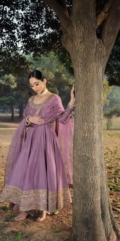 Cool Light Purple Color Roman Silk Embroidery Sequence Work Gown