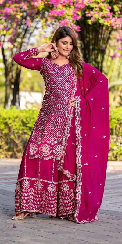Cool Rani Pink Color Chinon Thread Sequence Work Salwar Suit