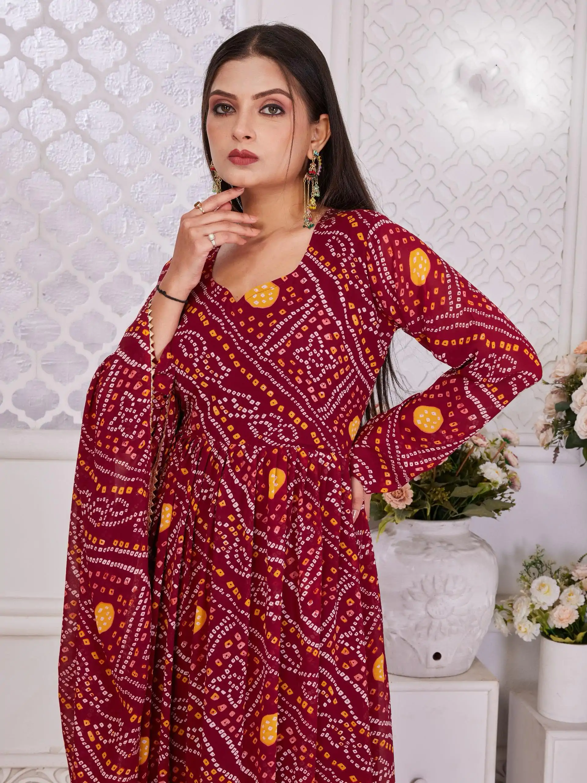 Red Georgette Print With Lace Work Gown - Image 2
