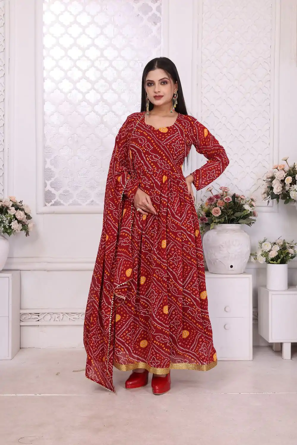 Cool Red Color Georgette Print With Lace Work Gown