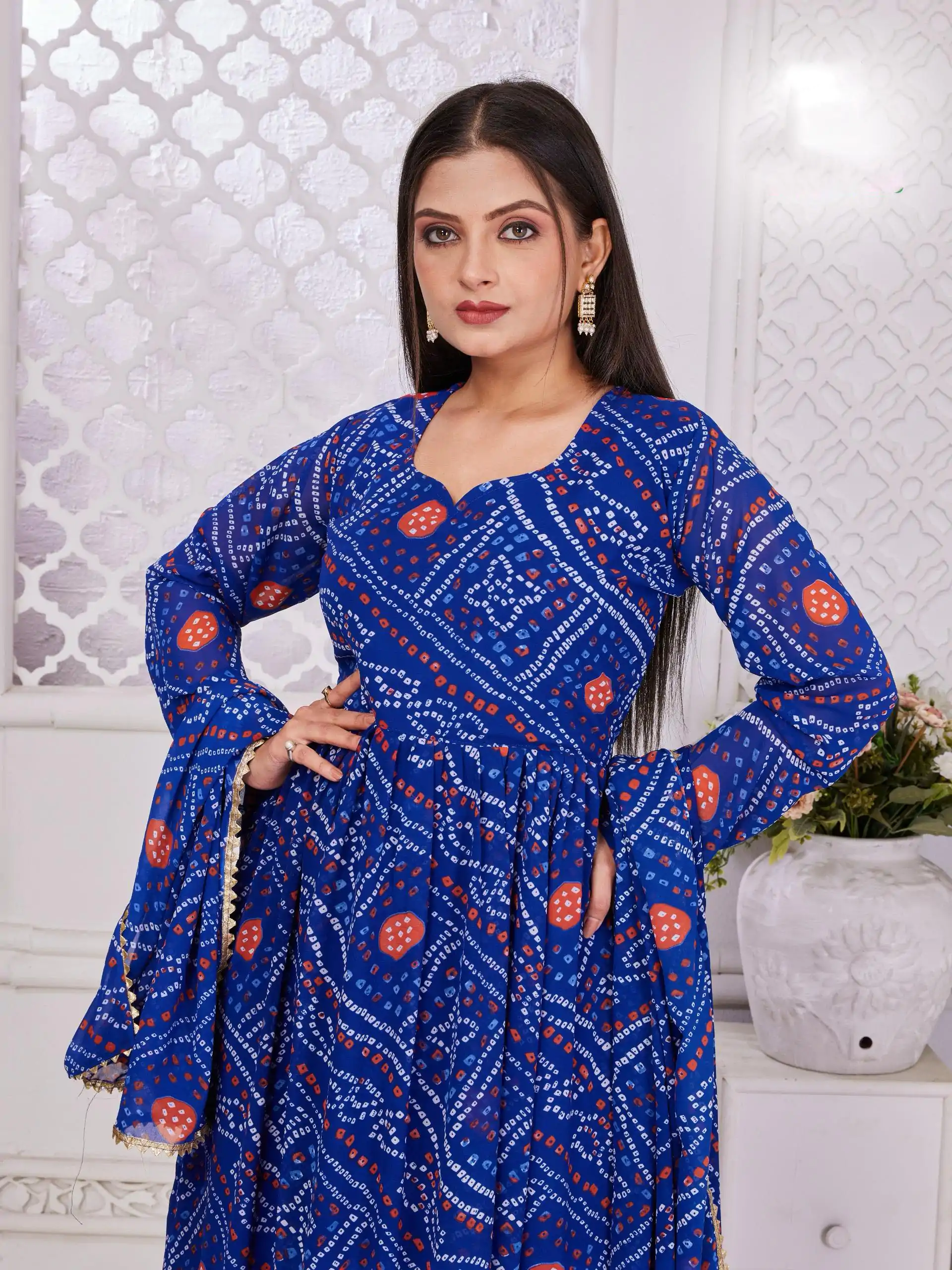 Royal Blue Georgette Print With Lace Work Gown - Image 2