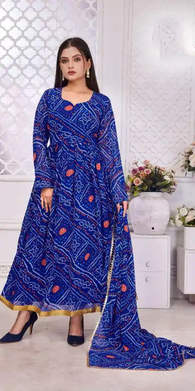 Cool Royal Blue Color Georgette Print With Lace Work Gown