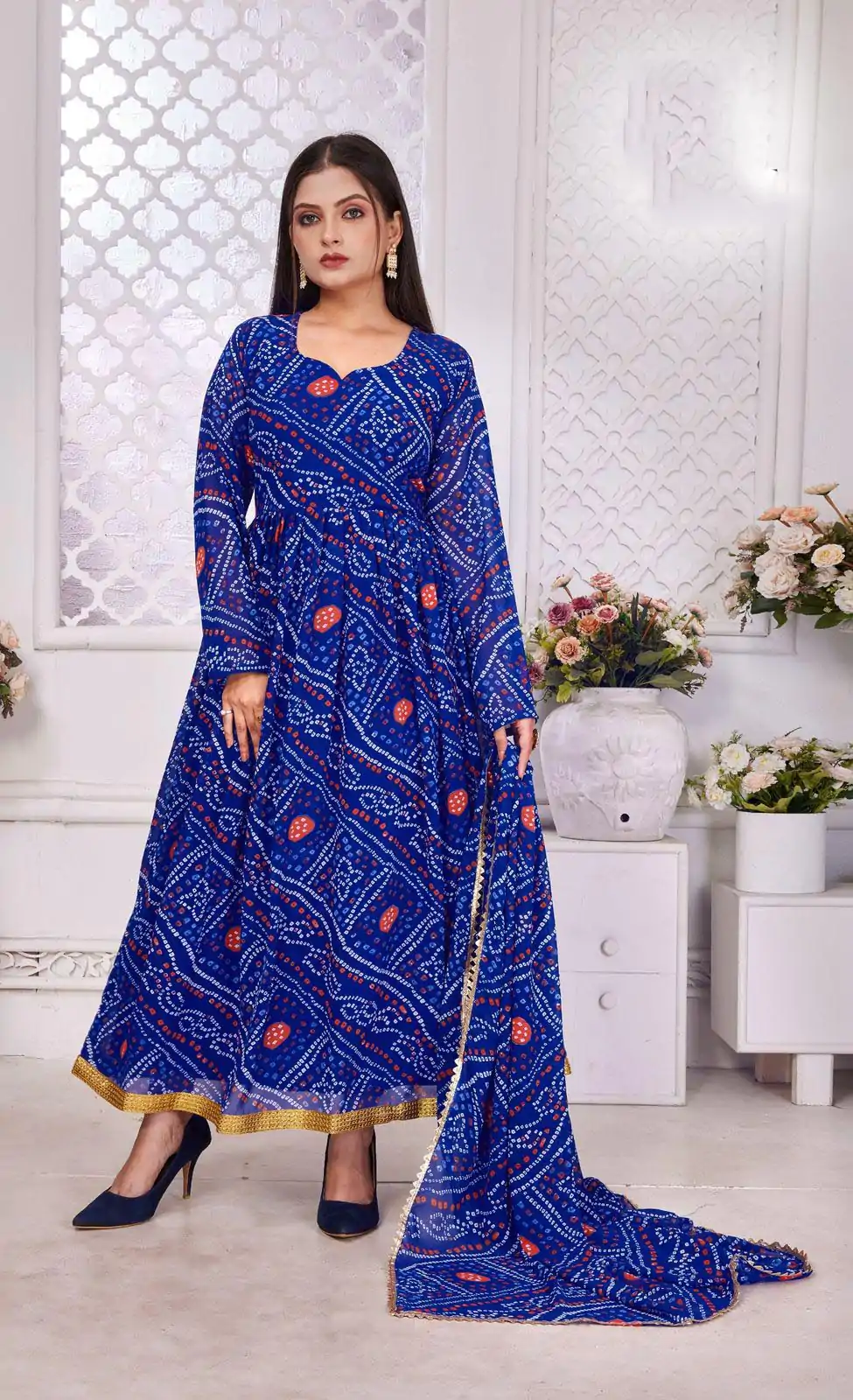 Cool Royal Blue Color Georgette Print With Lace Work Gown