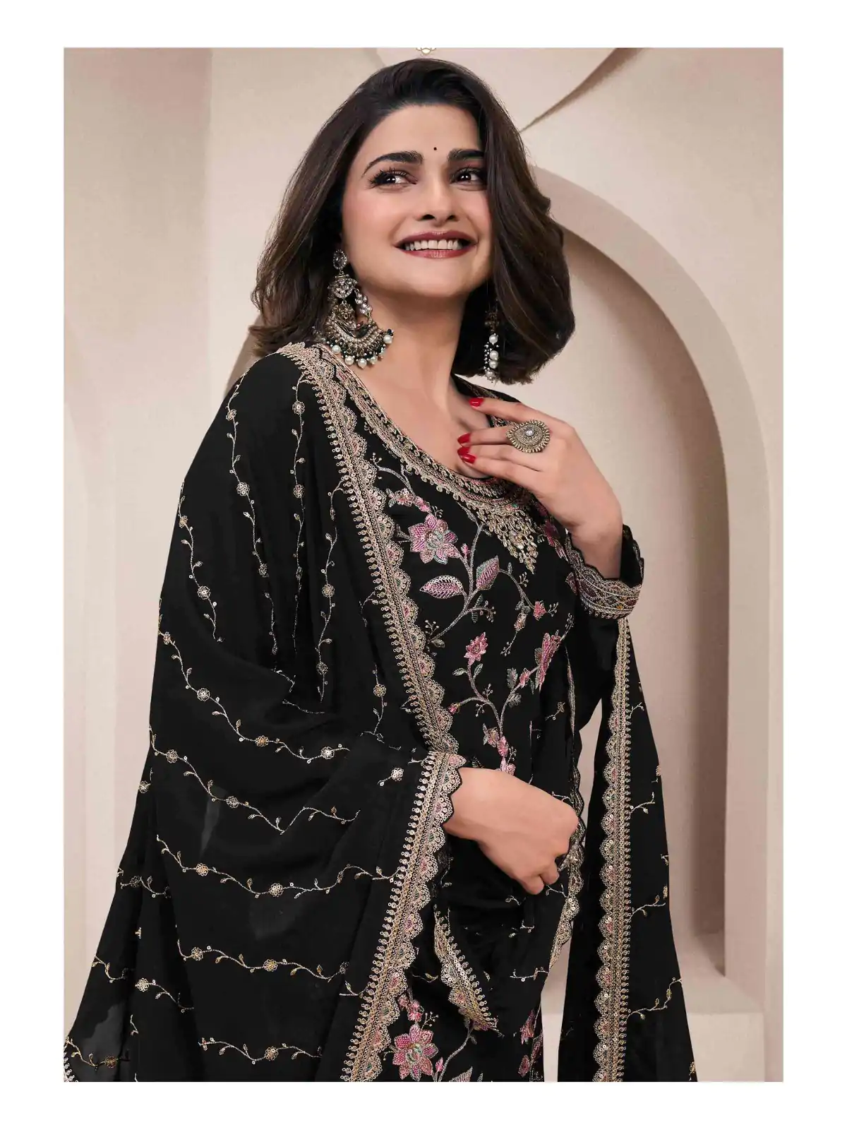 Dazzling Black Color Chinon Multi Work Salwar Suit