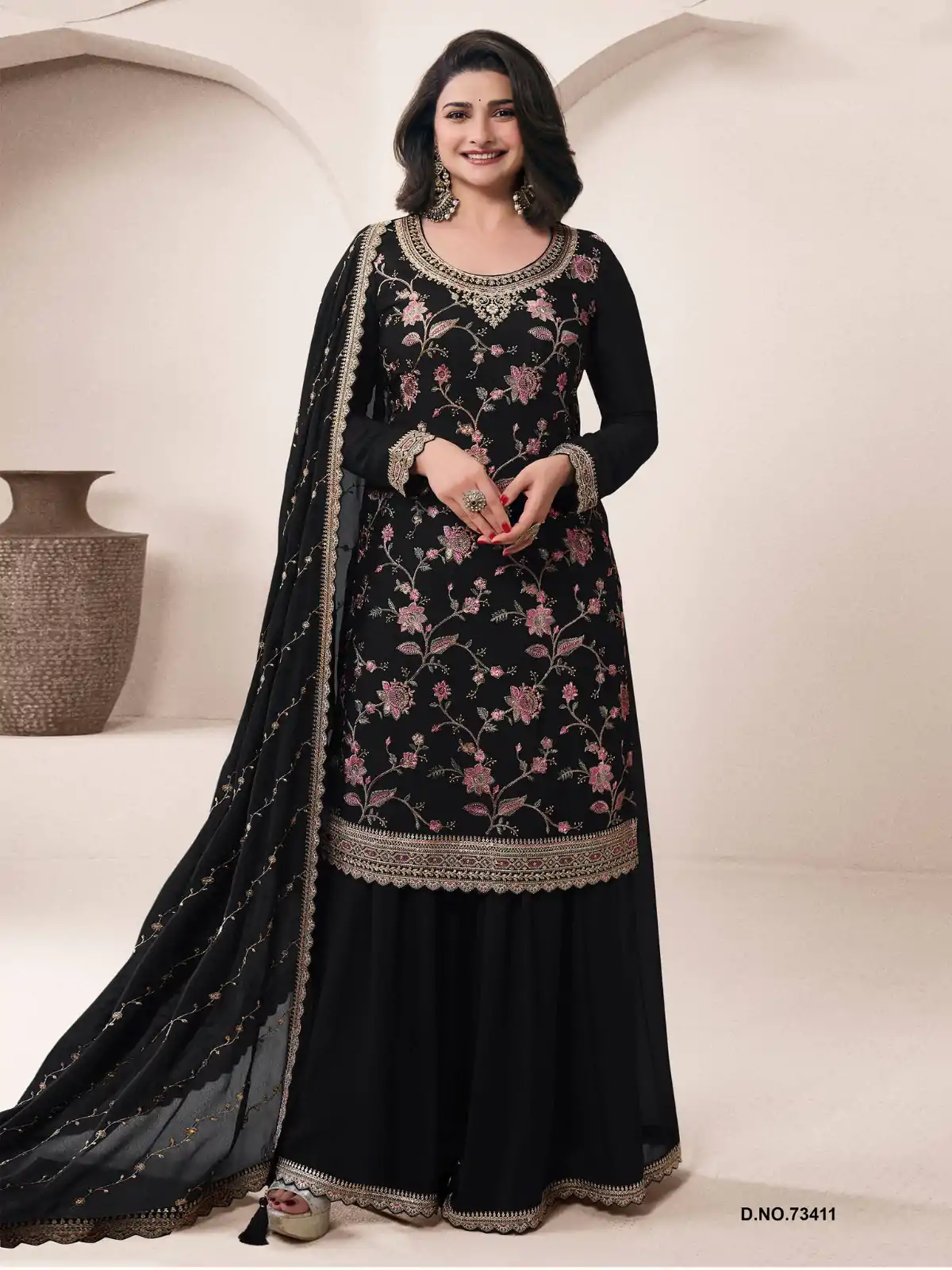 Dazzling Black Color Chinon Multi Work Salwar Suit