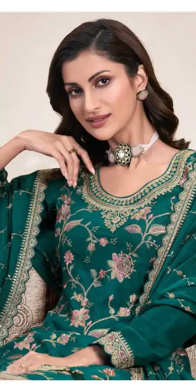 Dazzling Green Color Chinon Multi Work Salwar Suit