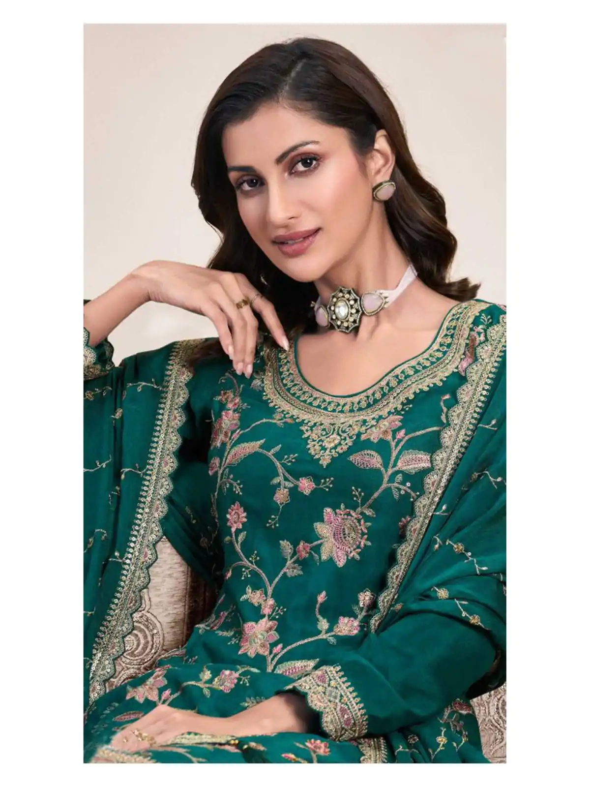 Dazzling Green Color Chinon Multi Work Salwar Suit