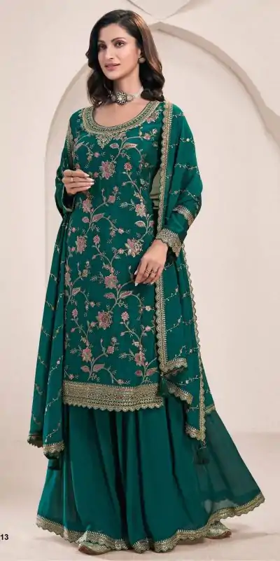 Dazzling Green Color Chinon Multi Work Salwar Suit