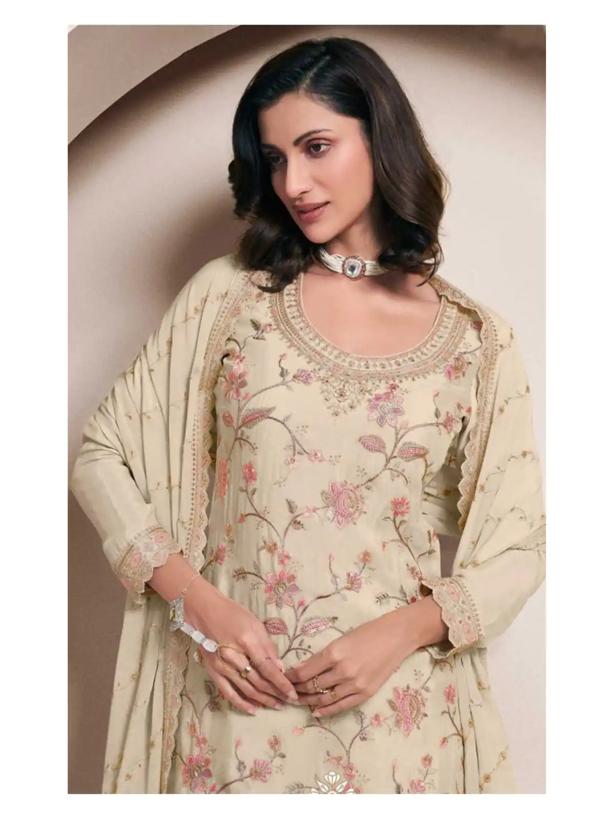 Dazzling Half White Color Chinon Multi Work Salwar Suit