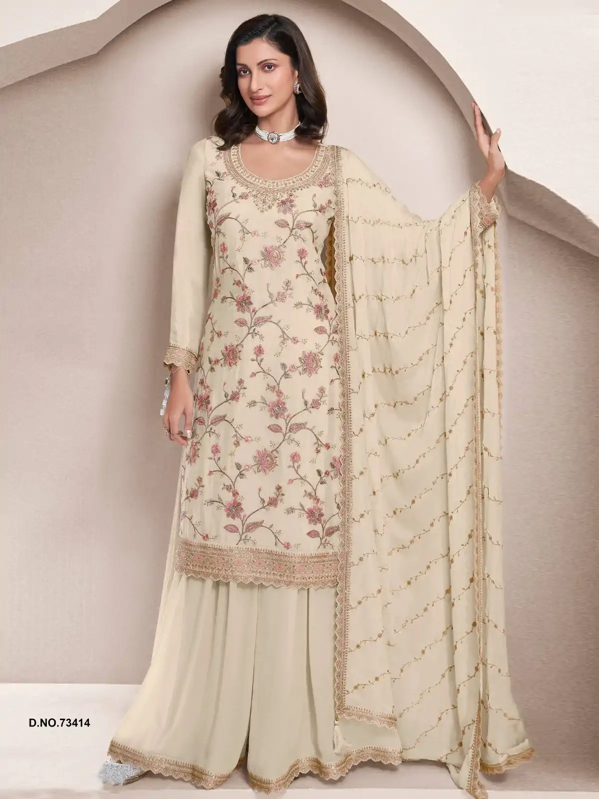 Dazzling Half White Color Chinon Multi Work Salwar Suit