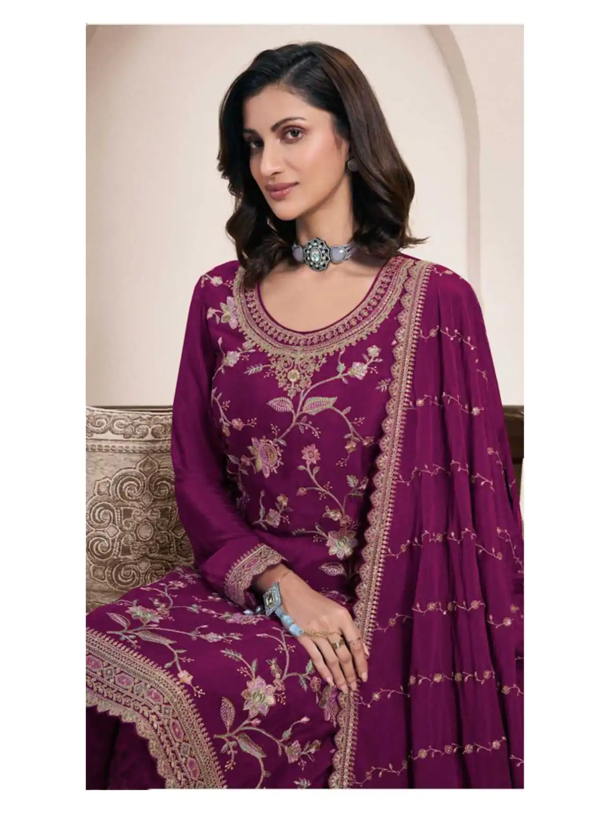 Dazzling Wine Color Chinon Multi Work Salwar Suit