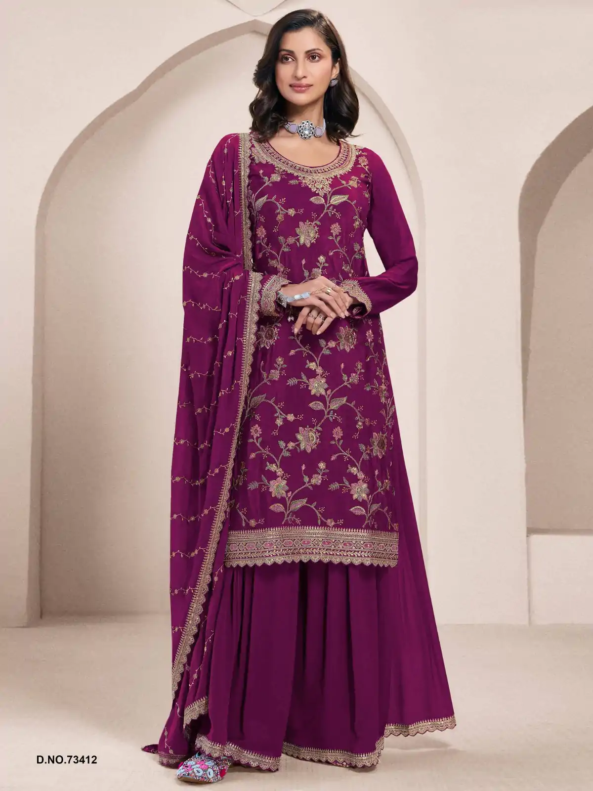Dazzling Wine Color Chinon Multi Work Salwar Suit