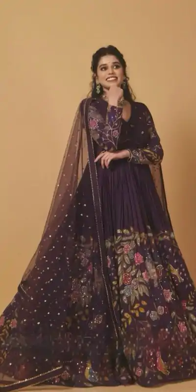 Elegant Dark Purple Color Chant Crepe Kalamkari Print Gown