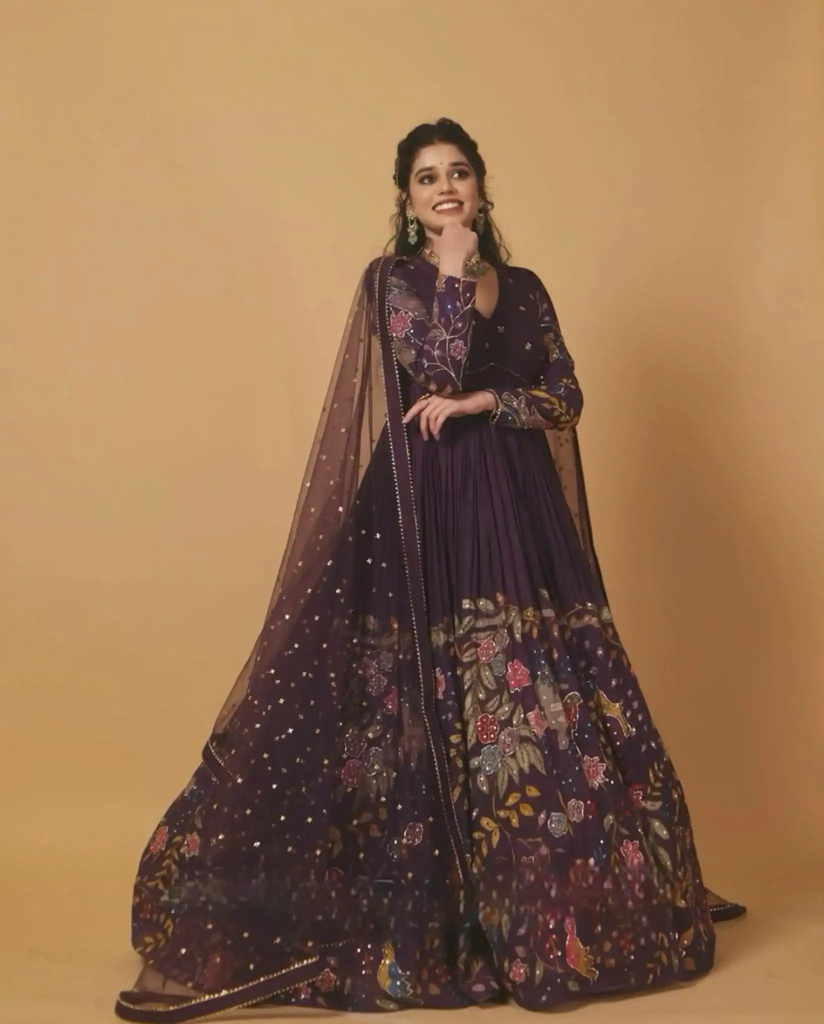 Elegant Dark Purple Color Chant Crepe Kalamkari Print Gown