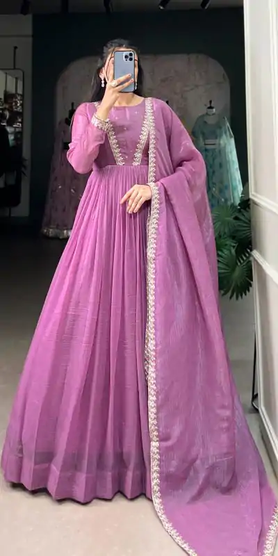 Elegant Purple Color Silver Glory Hotfix Sequins Thread Work Gown