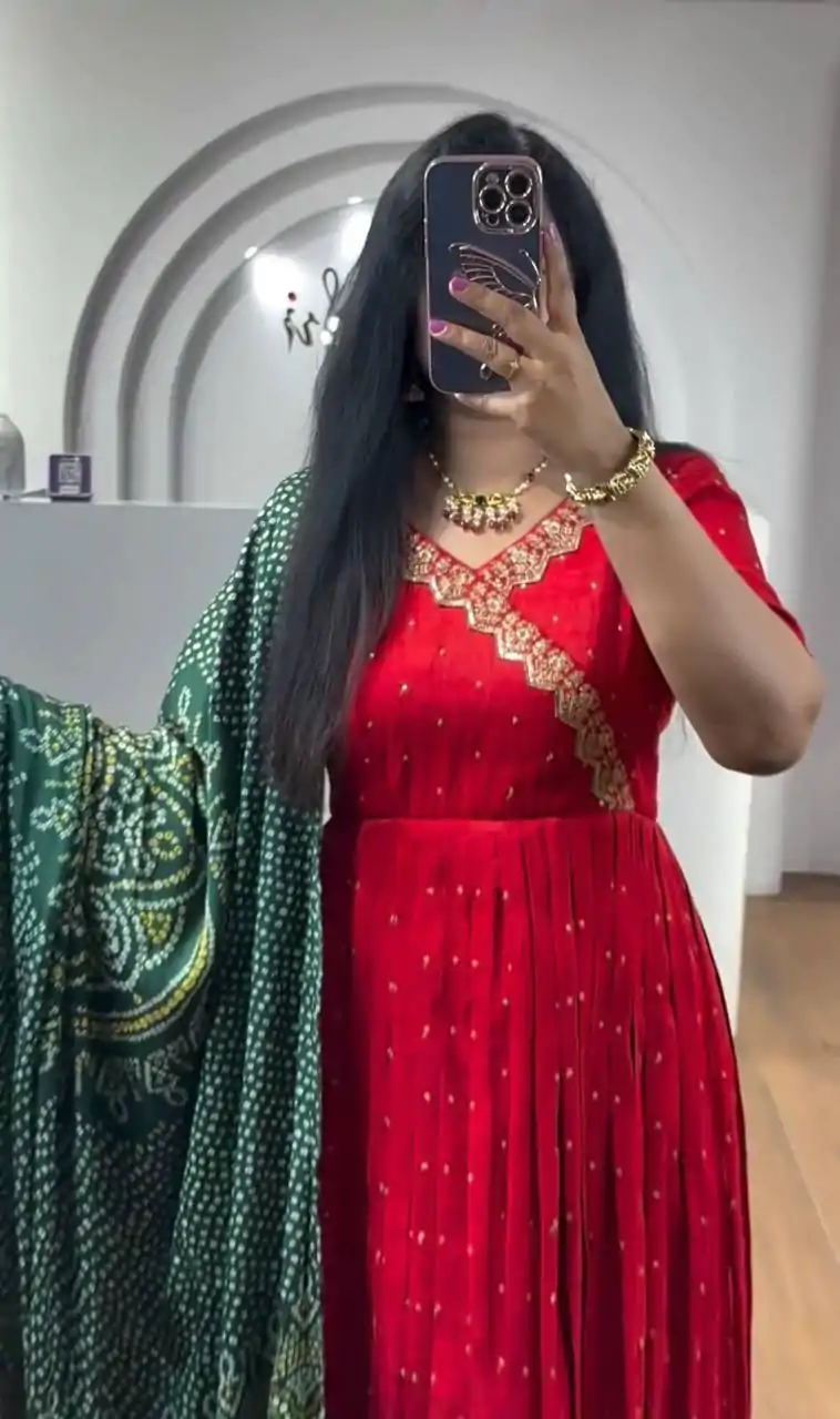 Elegant Red Color Chinon Thread Sequence Work Gown