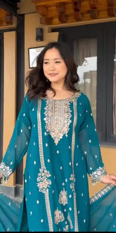 DC G90 Blue Chinon Chinon Embroidery Work Fancy Moti lace Salwar Suit Casual, Wedding, Festive, Events . Expected Delivery  4-6 Working Days @2049/- only      | Jump Suits, Salwar suit, Casual Suits, Creative suits, Designer Suits, Palazzo Suits, Party Wear Suits, Patiala Suits, Straight Suits