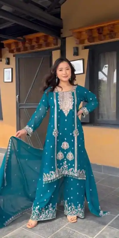 DC G90 Blue Chinon Chinon Embroidery Work Fancy Moti lace Salwar Suit Casual, Wedding, Festive, Events . Expected Delivery  4-6 Working Days @2049/- only      | Jump Suits, Salwar suit, Casual Suits, Creative suits, Designer Suits, Palazzo Suits, Party Wear Suits, Patiala Suits, Straight Suits
