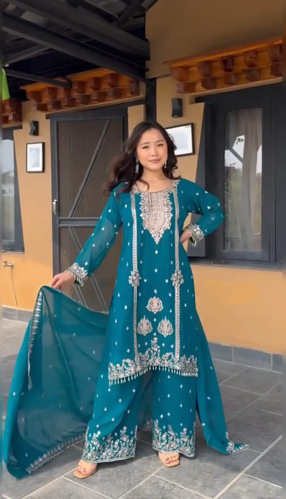 DC G90 Blue Chinon Chinon Embroidery Work Fancy Moti lace Salwar Suit Casual, Wedding, Festive, Events . Expected Delivery  4-6 Working Days @2049/- only      | Jump Suits, Salwar suit, Casual Suits, Creative suits, Designer Suits, Palazzo Suits, Party Wear Suits, Patiala Suits, Straight Suits