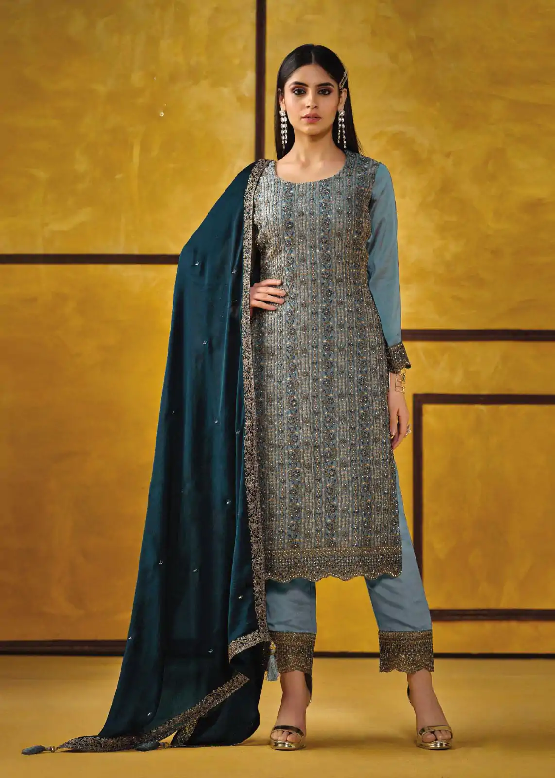 Glowing Blue Color Rangoli Coding Sequence Work Salwar Suit