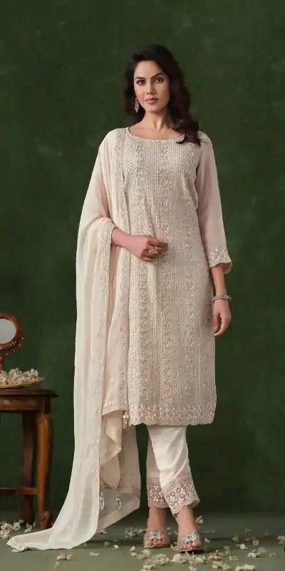 Glowing Half White Color Rangoli Coding Sequence Work Salwar Suit