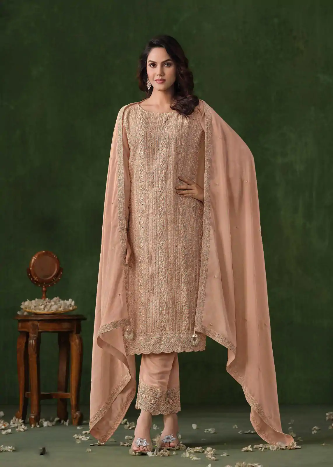 Glowing Light Peach Color Rangoli Coding Sequence Work Salwar Suit