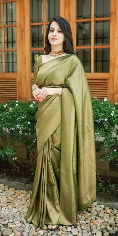 KP 4074 Mehndi Color Lichi Silk Jacquard Work On All Over Saree Casual, Wedding, Festive, Events . Expected Delivery  4-6 Working Days @1399/- only                                                                                                                                           | Sarees, Bollywood Sarees, Creative Sarees, Designer Sarees, Embroidered Sarees, Ethnic Saree, Modern Digital sarees, Party Wear Sarees