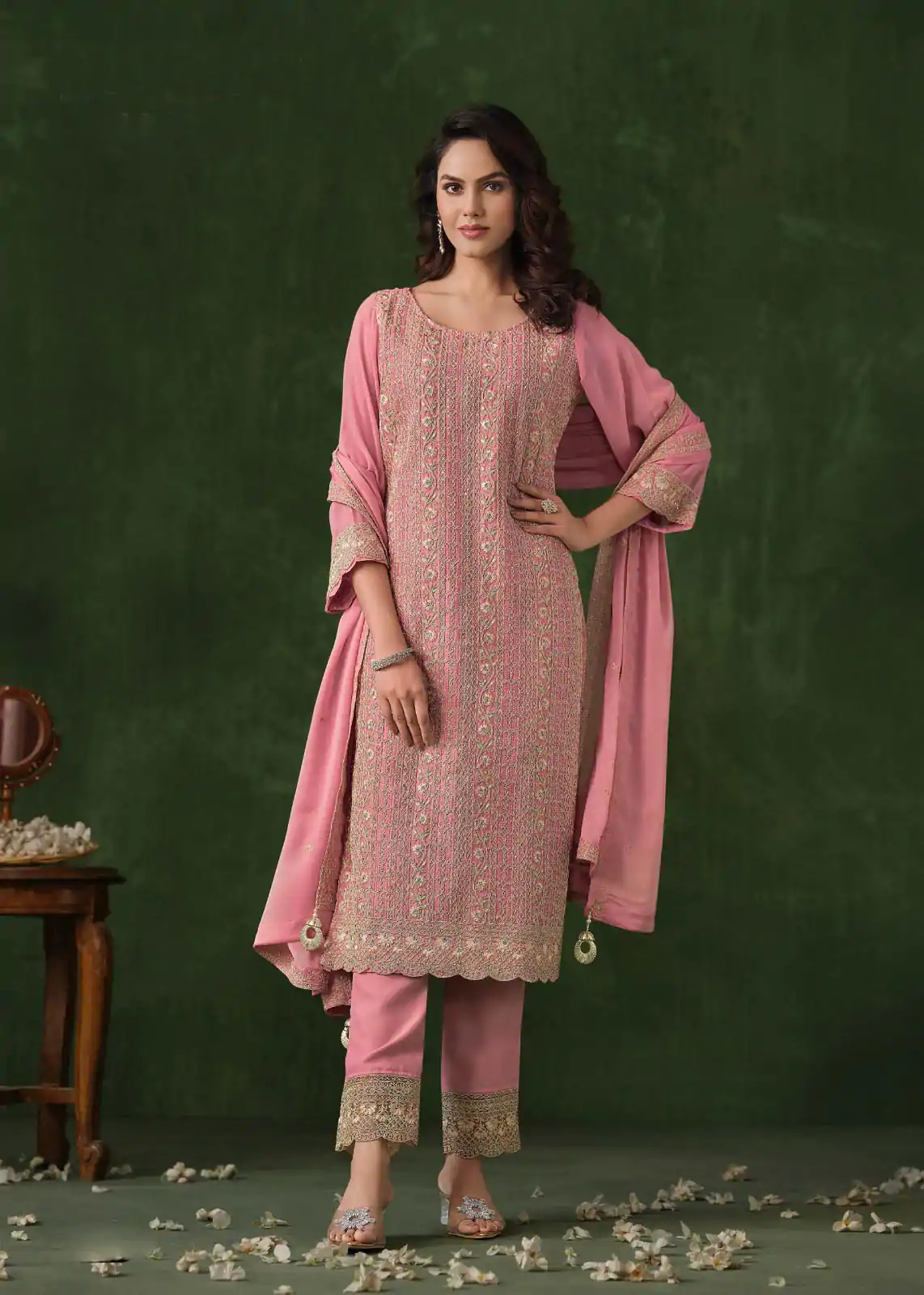 Glowing Peach Color Rangoli Coding Sequence Work Salwar Suit
