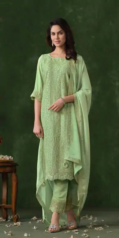 Glowing Pista Color Rangoli Coding Sequence Work Salwar Suit