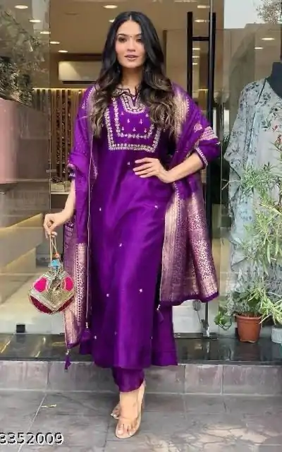Glowing Purple Color Roman Silk Coding Work Salwar Suit