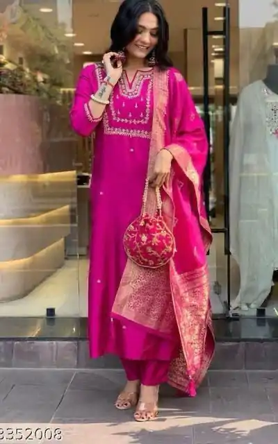 Glowing Rani Pink Color Roman Silk Coding Work Salwar Suit