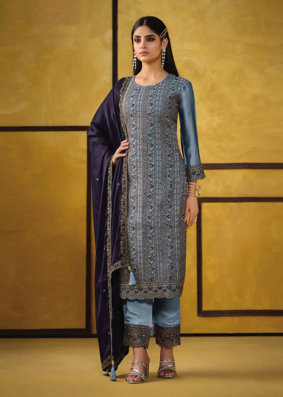 Glowing Sky Blue Color Rangoli Coding Sequence Work Salwar Suit