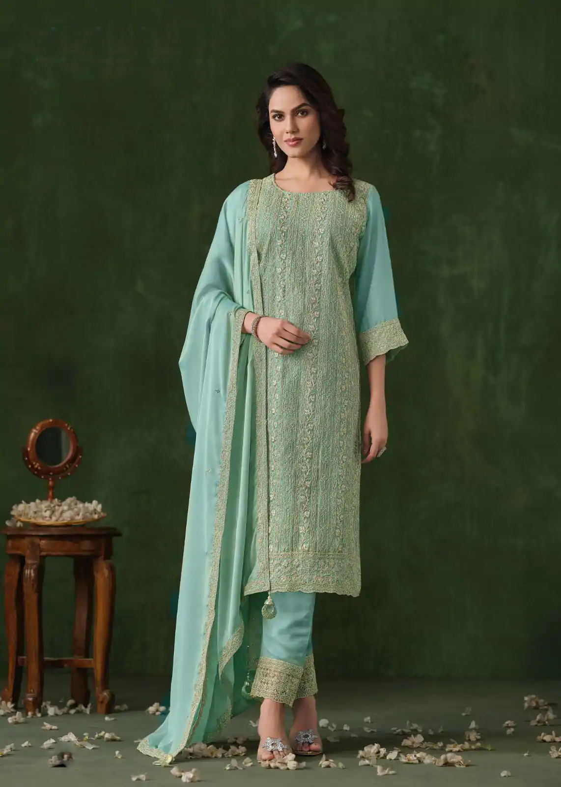 Glowing Sky Blue Color Rangoli Coding Sequence Work Salwar Suit
