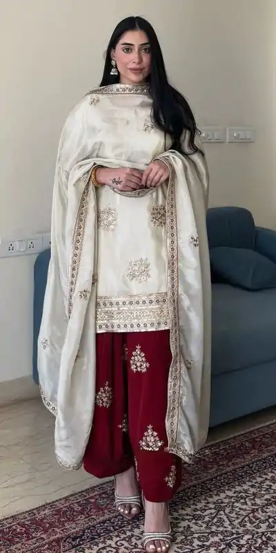 Glowing White Color Chinon Silk With Embroidery Work Salwar Suit