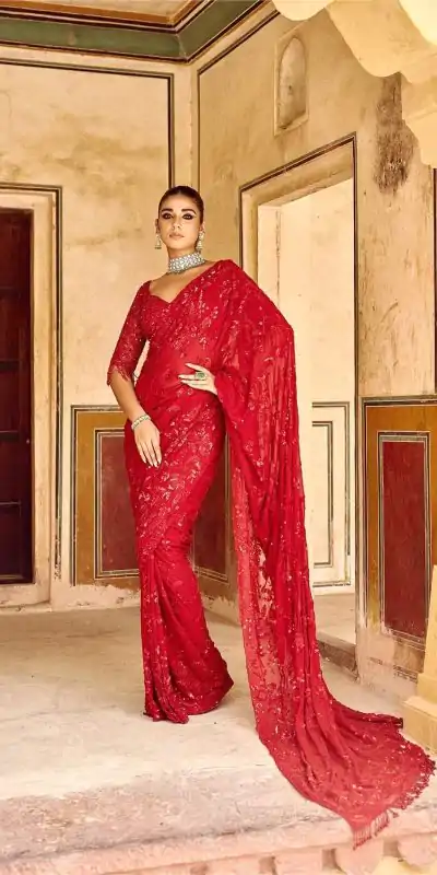 DF 3447 Red Color Georgette Sequins Embroidery work Saree Casual, Wedding, Festive, Events . Expected Delivery  4-6 Working Days @1799/- only                                                                                                                                             | Sarees, Bollywood Sarees, Creative Sarees, Designer Sarees, Embroidered Sarees, Ethnic Saree, Modern Digital sarees, Party Wear Sarees
