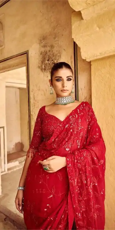 DF 3447 Red Color Georgette Sequins Embroidery work Saree Casual, Wedding, Festive, Events . Expected Delivery  4-6 Working Days @1799/- only                                                                                                                                             | Sarees, Bollywood Sarees, Creative Sarees, Designer Sarees, Embroidered Sarees, Ethnic Saree, Modern Digital sarees, Party Wear Sarees